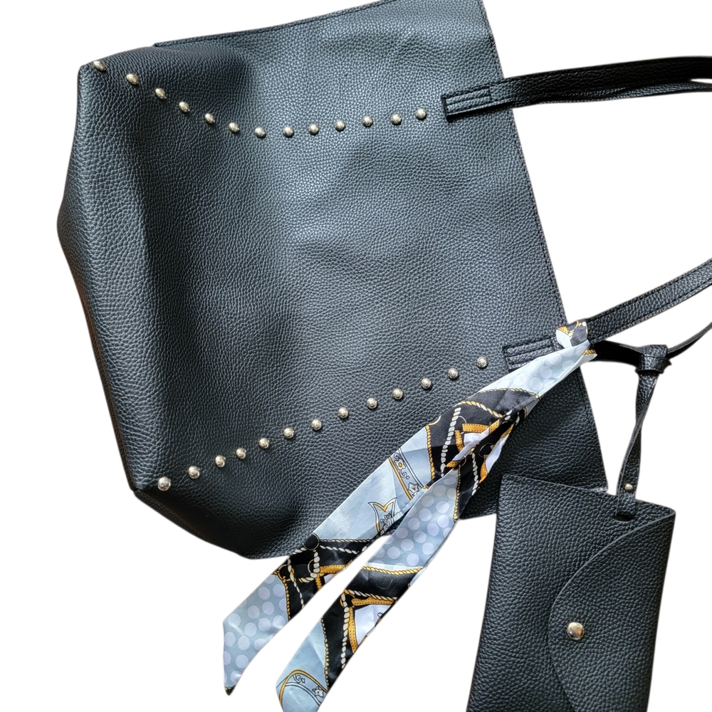 Elegant Black Vegan Leather Tote Bag Scarf Accent